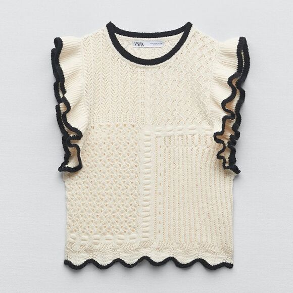 Zara Pointelle Ruffled Knit Top New - Picture 6 of 7